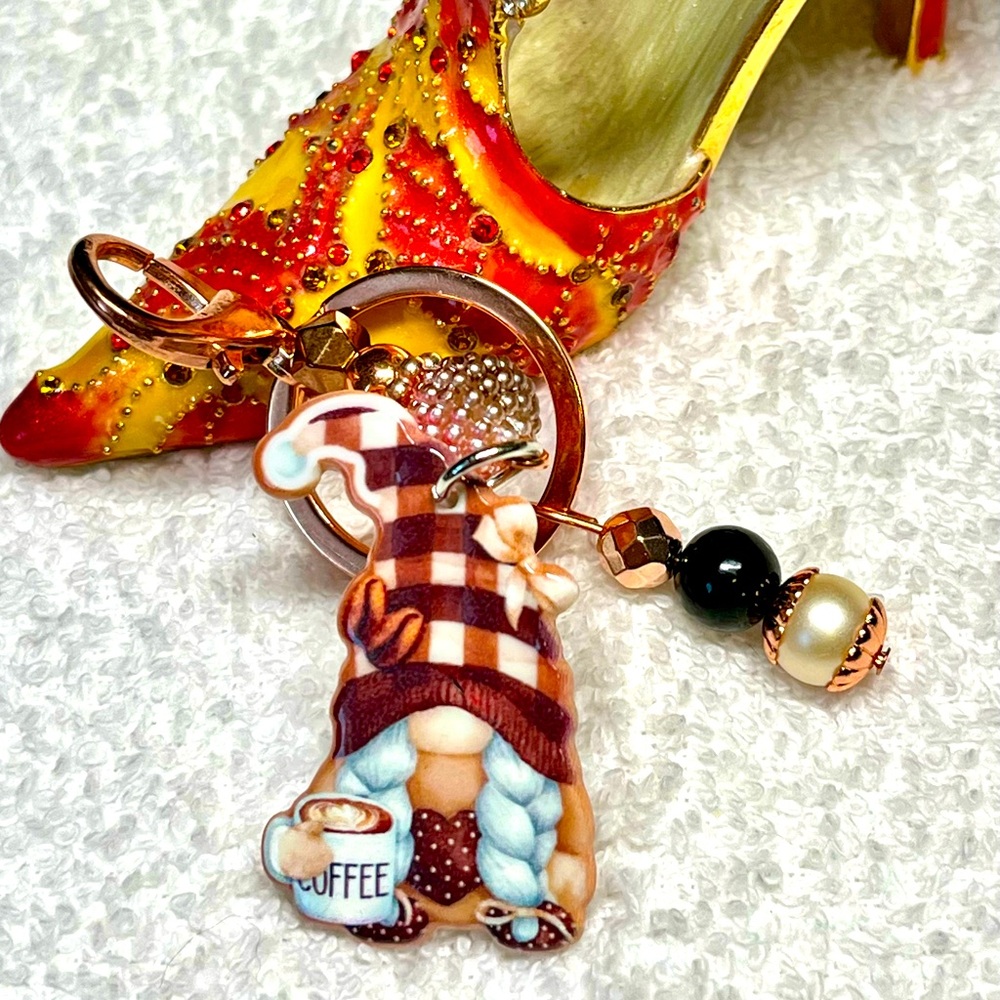 Cute female coffee gnome, zipper pull or purse bling-rose gold /beige/brown